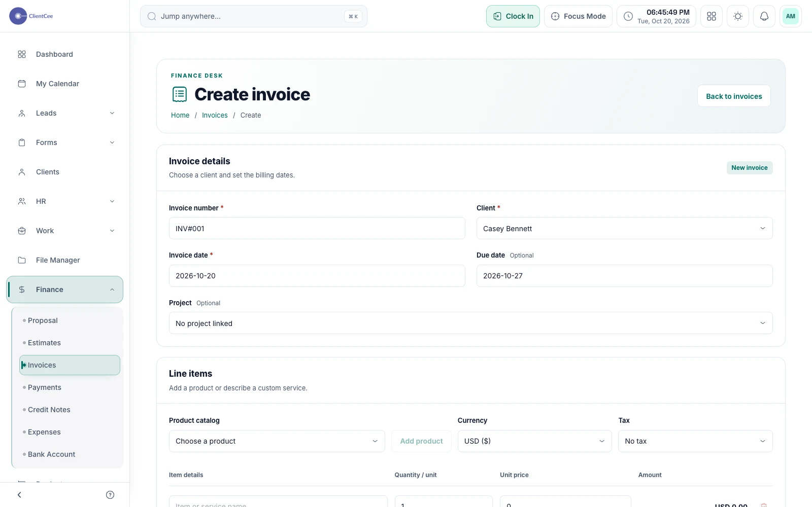 ClientCee create an invoice with demo data