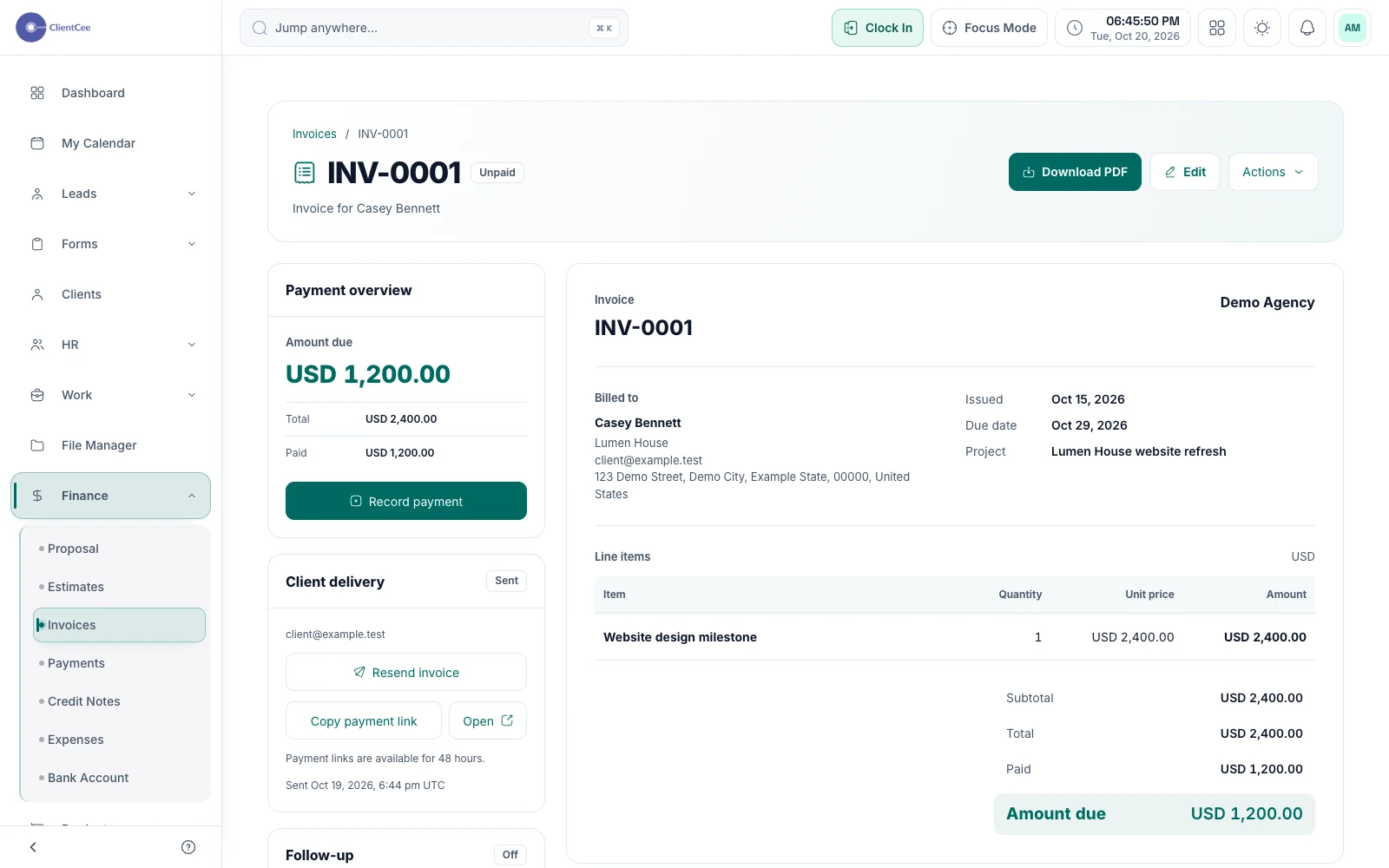 ClientCee invoice details and sending actions with demo data