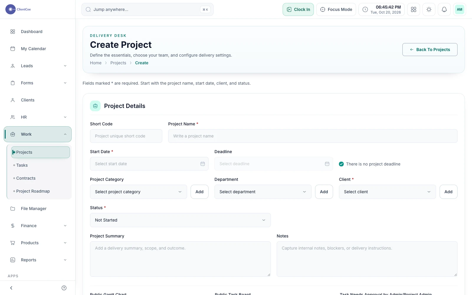 ClientCee create a project with demo data