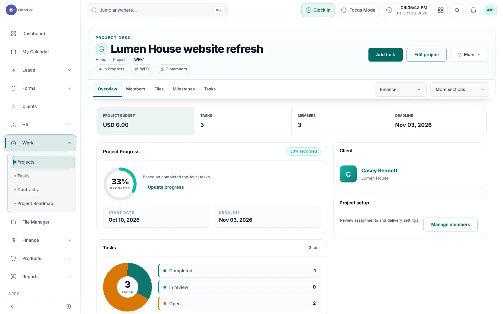 ClientCee project overview with demo data