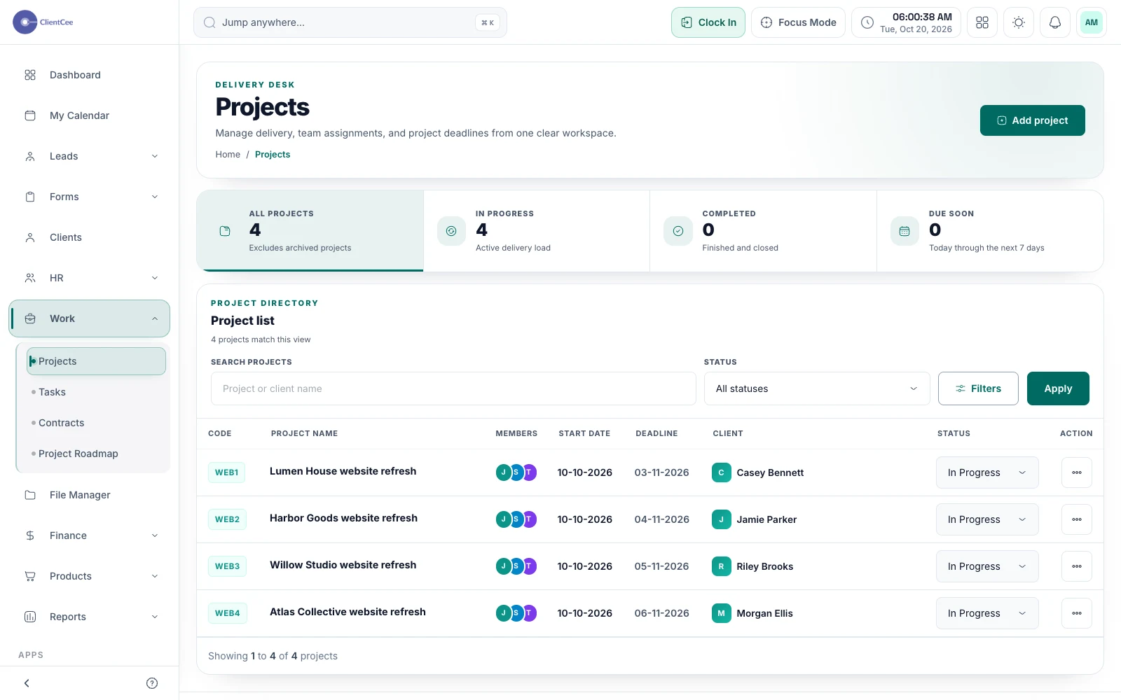 ClientCee agency project directory with demo data