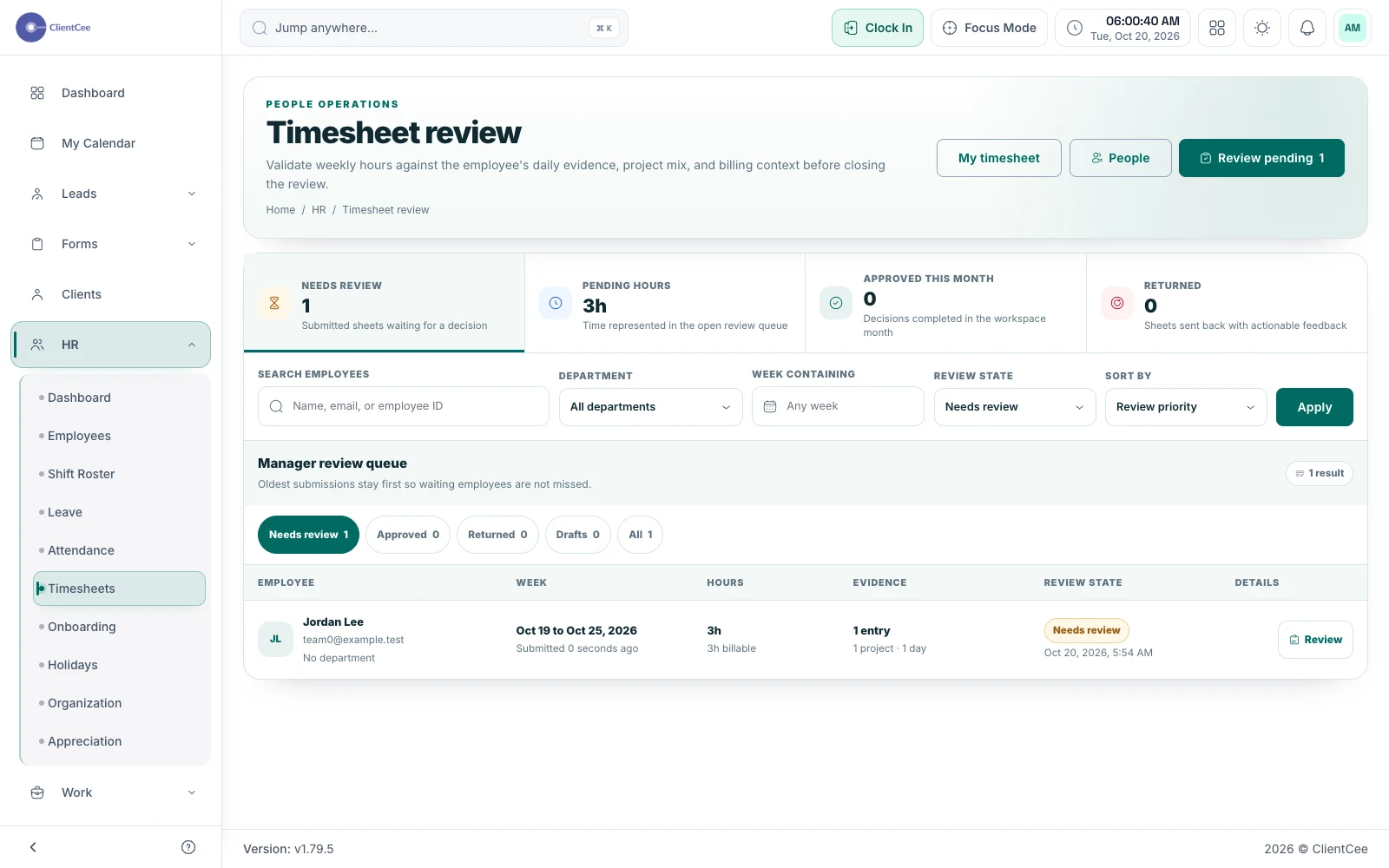 ClientCee timesheet review with demo data